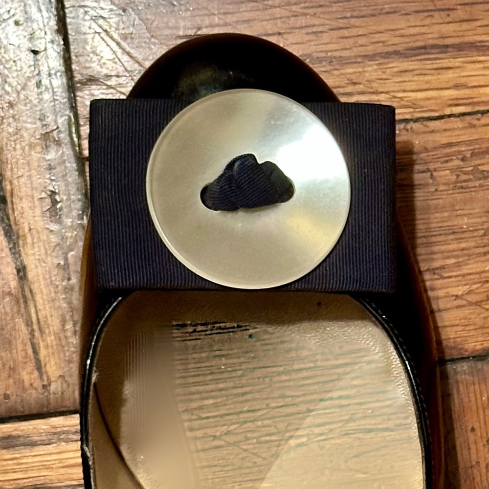 VINTAGE decorative shoe clips in black grosgrain with pearly disc embellishment